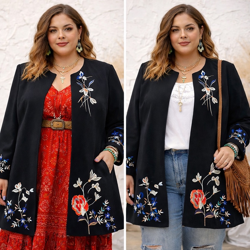 Tahari Black Blazer with Floral Embroidery